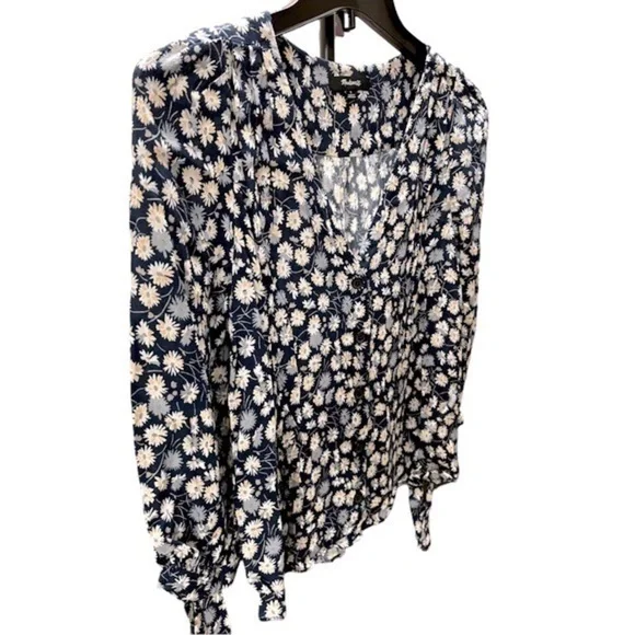 Madewell Button Down Blue/Pink/white Floral Tie Sleeves Blouse- Small - Picture 4 of 10